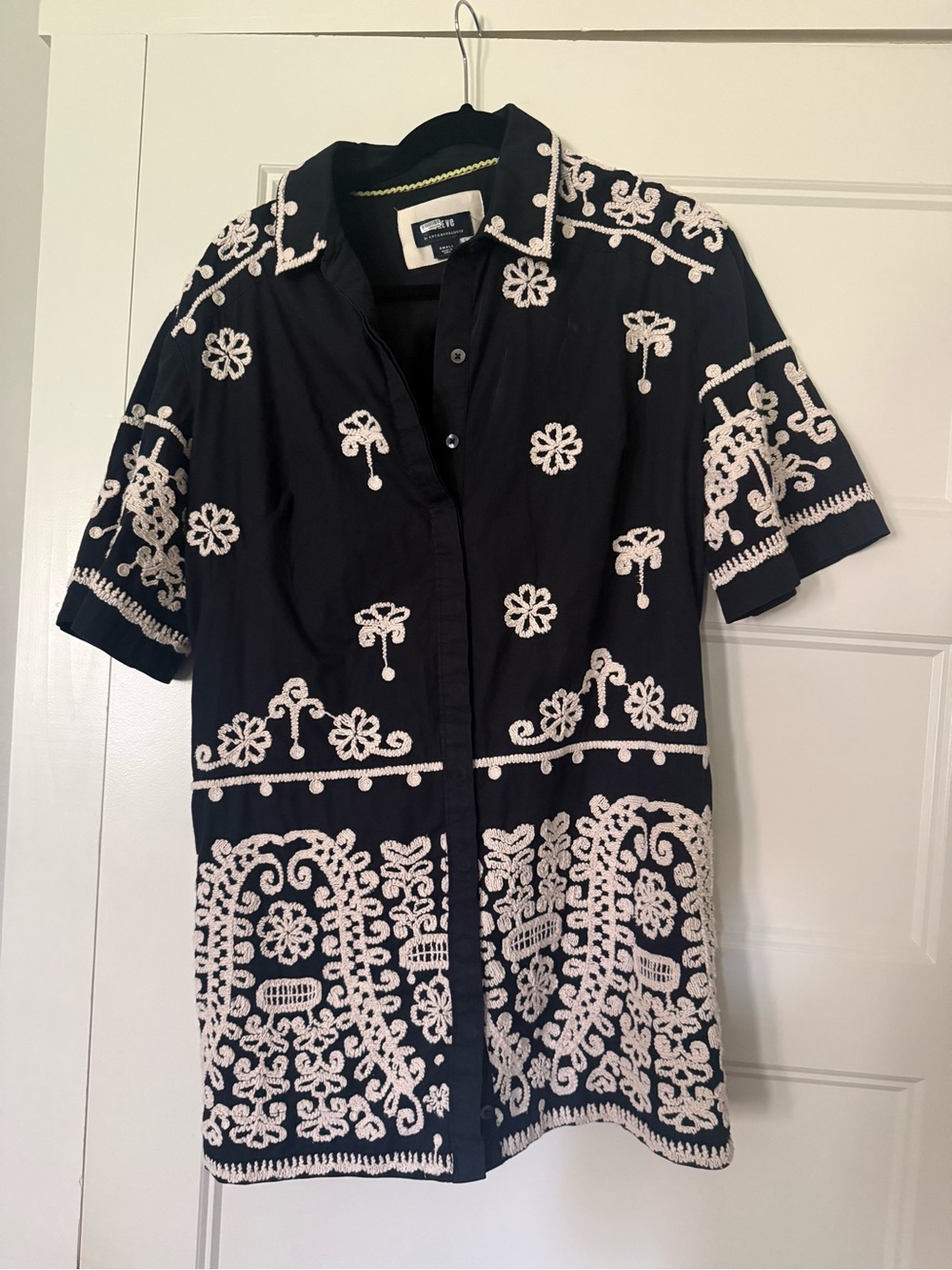 Anthropologie Black Button-Down Mini Shirt Dress with White Embroidered Pattern